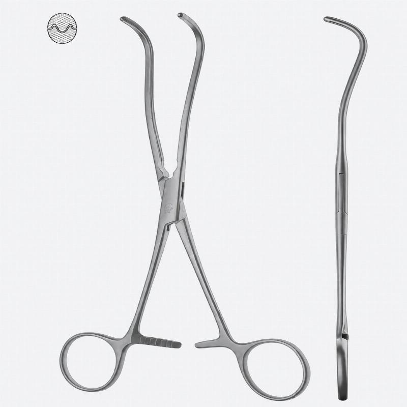 Зажими, хірургічні, судинні, De Bakey, з прямою ручкою, вигнуті, з кремальєрою, загальна довжина 230 мм Бренд - Asanus Medizintechnik Gmb, Німеччина